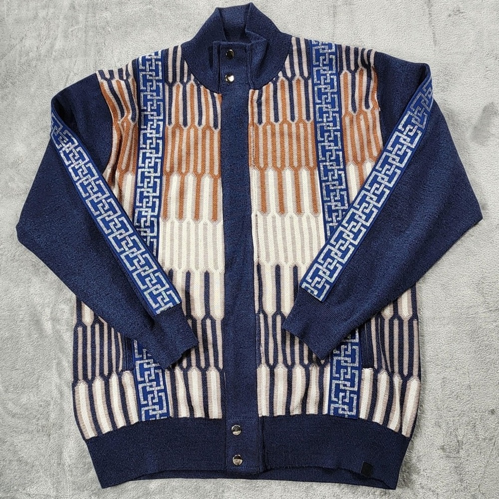 Men's Navy Geometric Knit Zip-Front Sweater Jacket